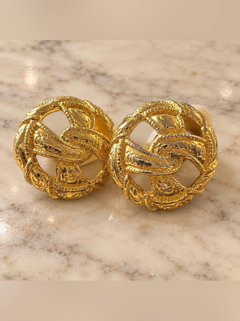 Authentic Vintage Chanel Circa 1990 Interlocking CC Woven Hoop Clip-On Earrings